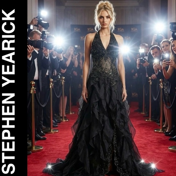 Stephen Yearick Dresses & Skirts - STEPHEN YEARICK Black 100% Silk Beaded Halter Gown Dress Size 6 Couture Pageant